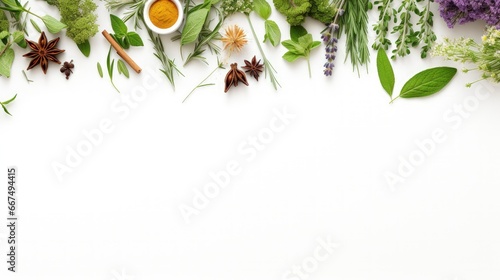Natural wellness and self care expert Herbs and medicine on white background
