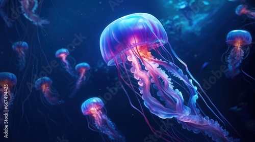 Phosphorescent jellyfish glide in the depths of the ocean Neon jellyfish in a cosmic galaxy surrounded by stars © vxnaghiyev