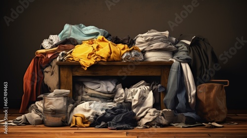 Neatly folded clothes and dirty laundry on a wooden background an organized storage system