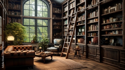 A home library, with floor-to-ceiling bookshelves, a sliding ladder, and a cozy leather armchair for reading.