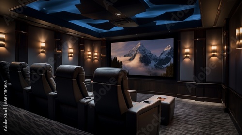 A home theater room, complete with plush recliners, a projector screen, and atmospheric wall lighting. © baloch