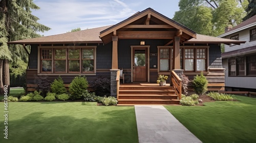 Northwest American craftsman style with short height wood siding and concrete walkway