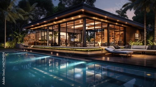 Nighttime building featuring a pool villa with interior and exterior design