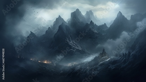 A jagged mountain ridge blanketed in fog, lending an air of mystery to the scene.