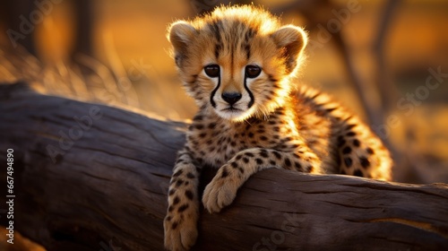 Kruger Park South Africa hosts a baby cheetah sitting on a dead log with big eyes