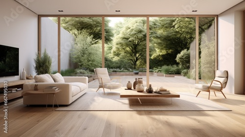 Modern living room with wood flooring overlooking the garden from the inside
