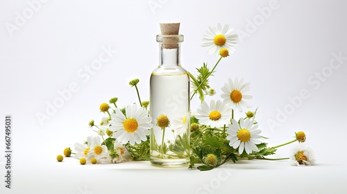 Homeopathic bottle with wildflowers Alternative medicine concept Flat layout Copy space