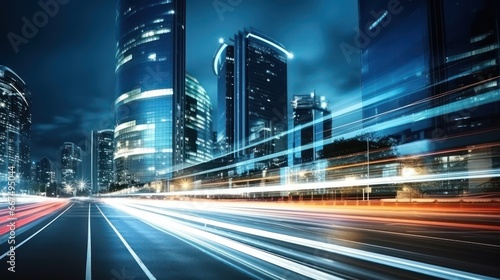 road in city with skyscrapers and car traffic light trails. infrastructure and transportation background