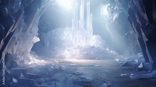 A labyrinth of crystalline formations deep within a cavern  illuminated by a soft  ethereal light.