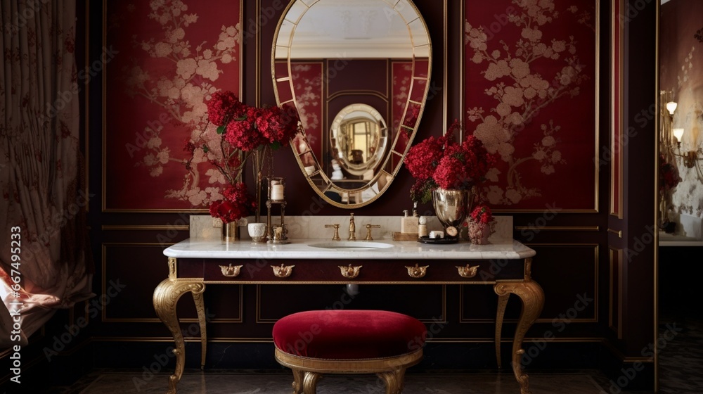 A luxurious powder room, with gold fixtures, a velvet-upholstered bench, and ornate mirror.