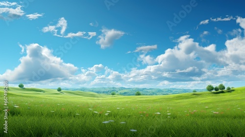Meadow below blue sky with clouds