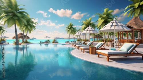 Luxurious beach resort with swimming pool beach chairs palm trees and blue sky Summer vacation concept © vxnaghiyev