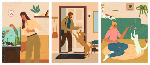 People and pets at home vector scene set