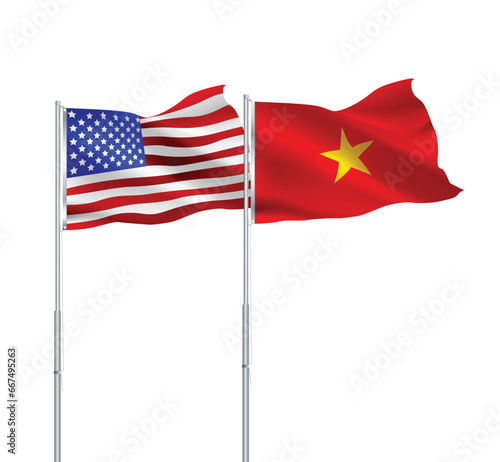 American and Vietnam flags together.USA,Vietnamese flags on pole
