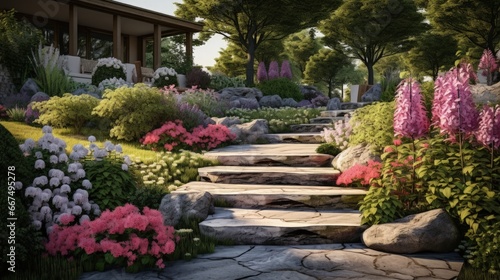 Landscaping with stone elements in home garden including steps and flowerbeds