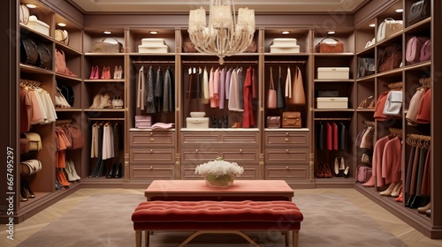 A luxurious walk-in closet, with rows of shoes, handbags on display, and clothes organized by color.