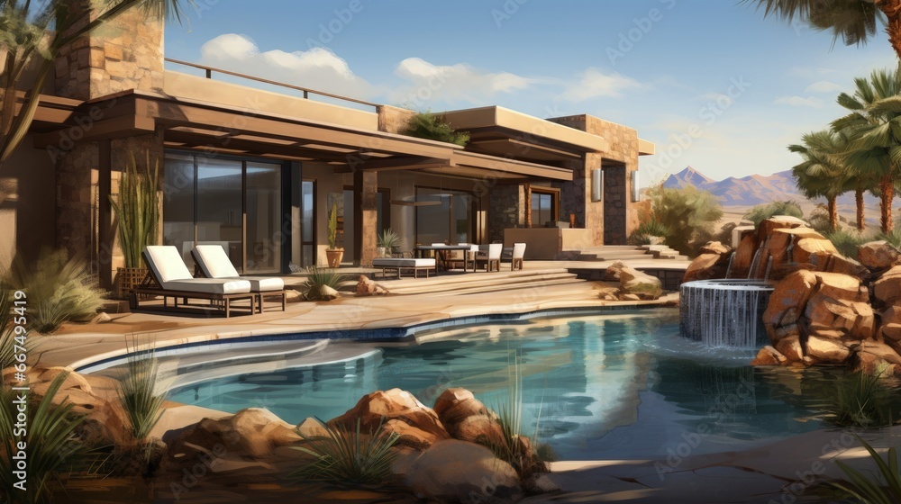 Luxurious home in the desert with a pool hot tub and patio