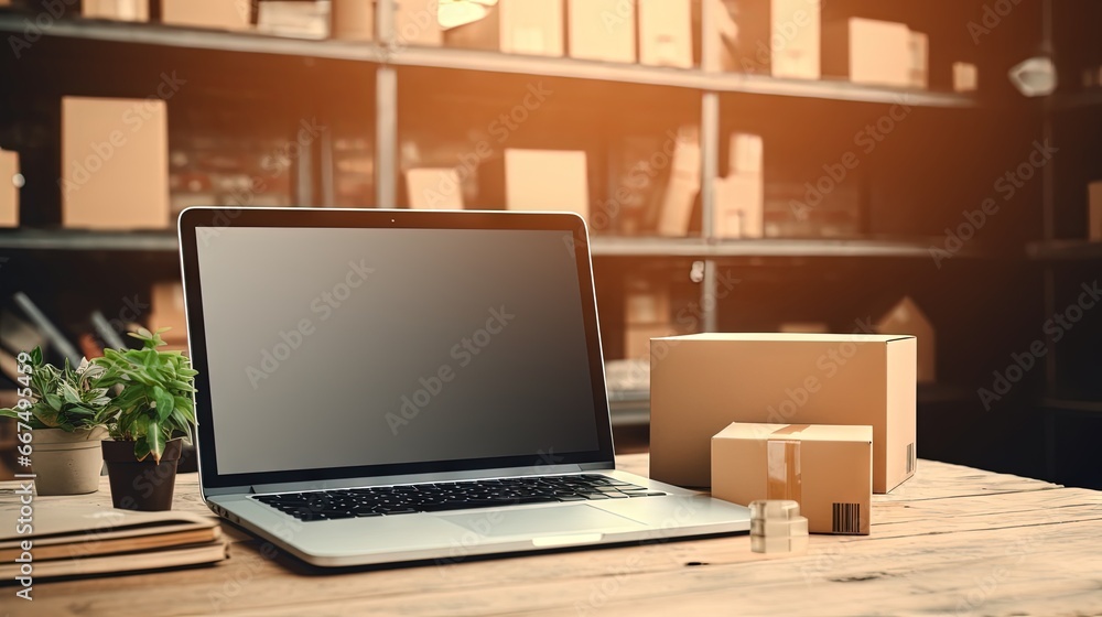 Mockup of an online e commerce store for dropshipping featuring a laptop with a blank screen shipping boxes a retail marketplace warehouse delivery background and a banner Mockup of an online e commerce store for dropshipping featuring a laptop with a blank screen shipping boxes a retail marketplace warehouse delivery background and a banner