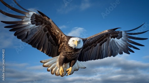 A majestic eagle soaring against a clear blue sky, wings fully outstretched. © baloch