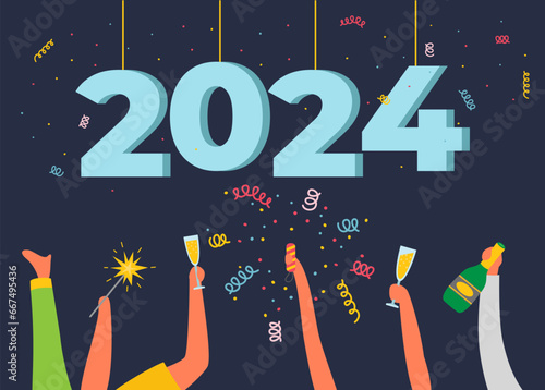 Happy new year. Vector illustration. The number 2024 heralds new chapter filled with possibilities and growth The New Years party is time for festivity and enjoyment with friends and family