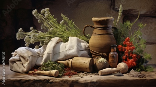 herbal medicine in mortar and sack