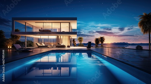 Modern house exterior with illuminated swimming pool against the sky