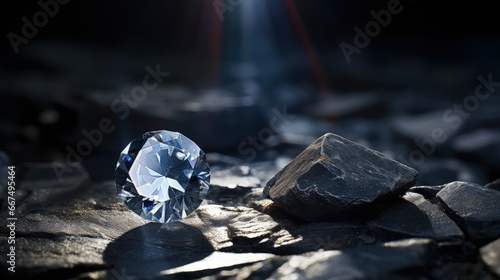Mining concept of extracting minerals rough diamond near a cut diamond in a coal mine photo