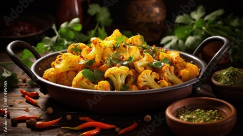 Indian Aloo Gobi with potato cauliflower and spices on grunge background