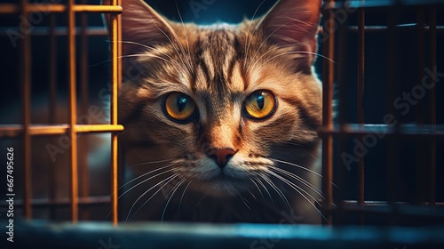 High quality photo of an orange eyed cat in a cage © vxnaghiyev