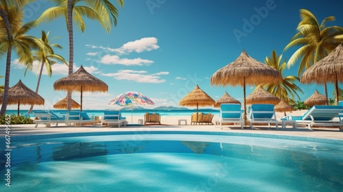 Luxurious beach resort with swimming pool beach chairs palm trees and blue sky Summer vacation concept