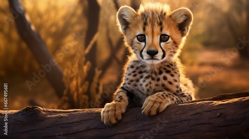 Kruger Park South Africa hosts a baby cheetah sitting on a dead log with big eyes