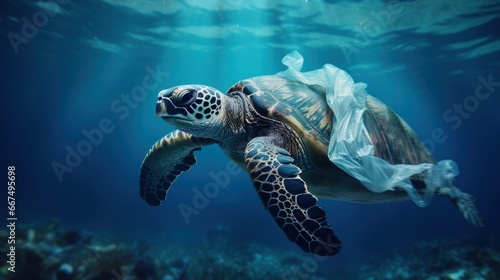 Hawksbill turtle surrounded by plastic bags symbolizes global issue of ocean pollution © vxnaghiyev