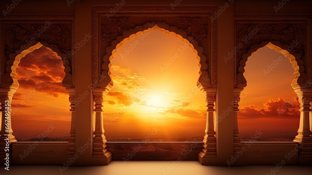 Indian temple silhouette at striking sunset sky Empty space for text - obrazy, fototapety, plakaty 