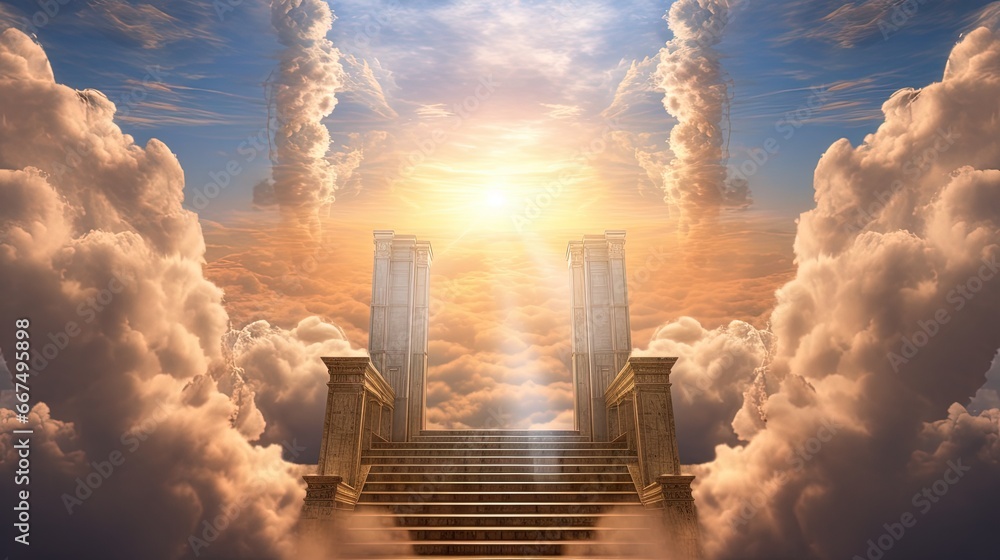 Heavenly gates unveiling sunlit skies through cloud layers in a