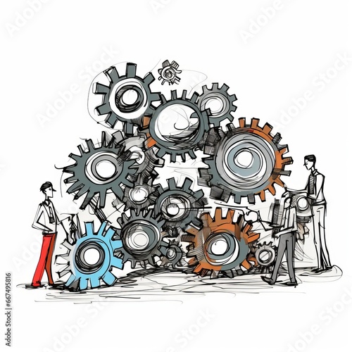 Cartoon drawing of a group of gears, representing teamwork in a startup. AI generated