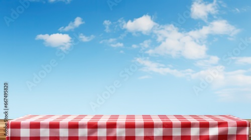 Italian culinary layout empty surface with red checkered fabric on blue sky backdrop with room for text