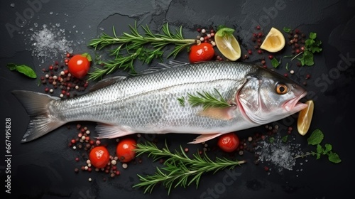 Ingredients and fish for cooking with spices and herbs on a black table