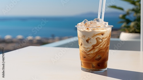 Iced Greek coffee known as freddo cappuccino viewed closely with a straw in Ios Greece photo