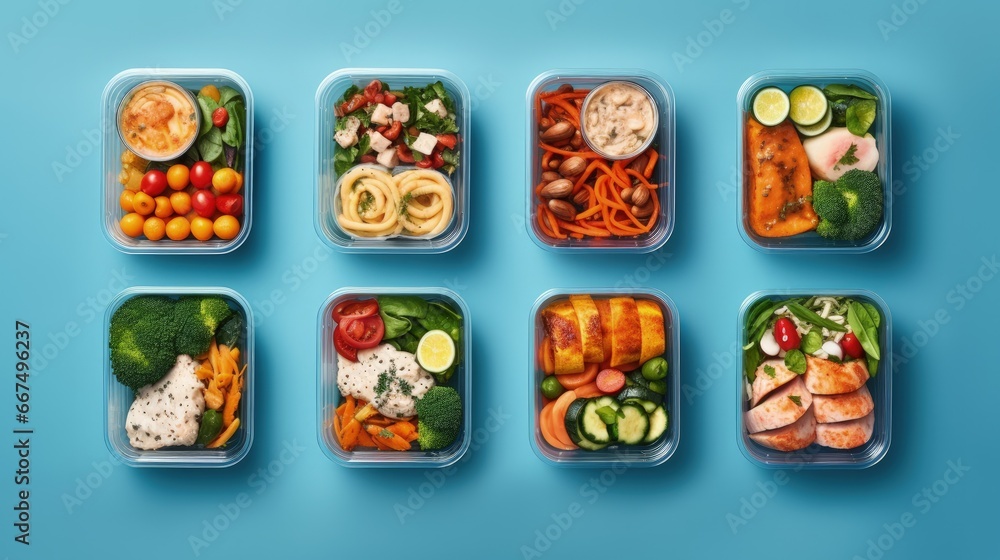 Organic meal delivery emphasizing health and fitness shown in blue with copy space - obrazy, fototapety, plakaty 