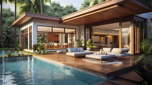 Modern house with pool villa and pool view featuring a daybed on the wooden deck along with a living room kitchen and dining room