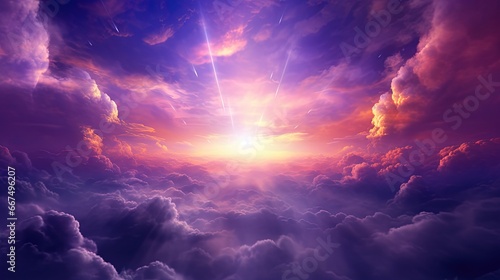 Heavenly purple sky adorned with sun and lovely clouds