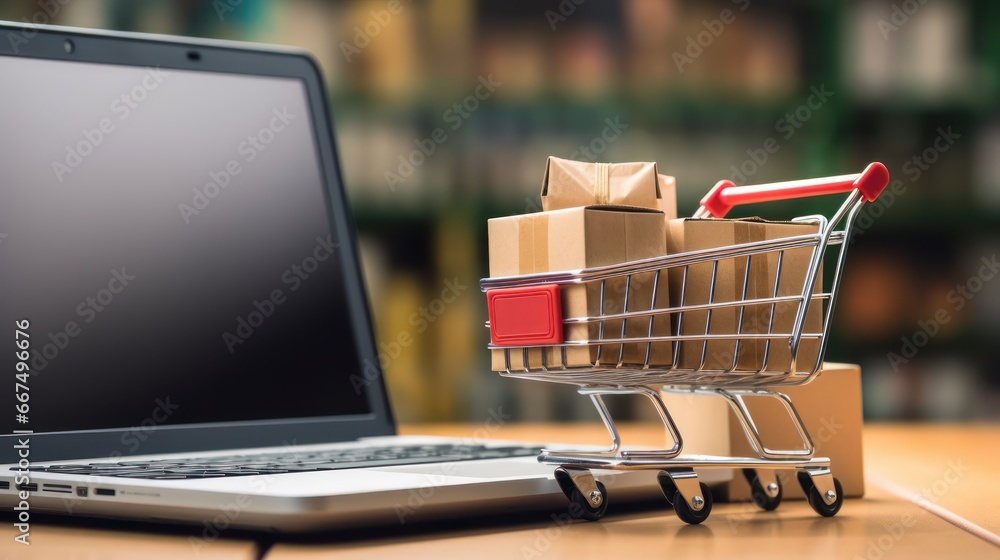 Shopping cart full of cardboard boxes on laptop with cpy space 