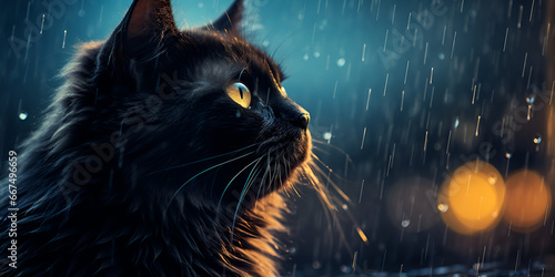  Black Cat Gazing Out of Window at Night Curious Kitty Observing the Night Sky  © Muhammad