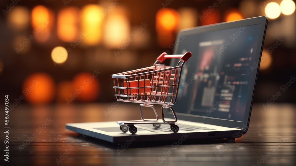 shopping cart with gift box on laptop 