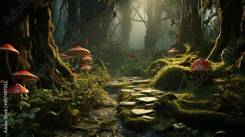 A mossy forest floor  dotted with toadstools and ferns  creating a fairy-tale atmosphere.
