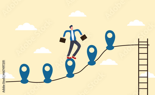 Roadmap, project milestone or business journey achievement, workflow or process timeline to success, step planning or progress concept, businessman run on milestone location pin on business roadmap.