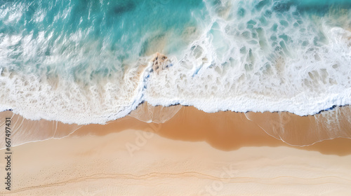 top view sandy beach and ocean with waves, Blue water, Summer seascape from air.