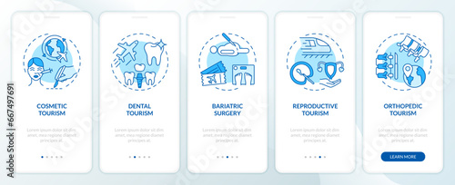 2D icons representing medical tourism mobile app screen set. Walkthrough 5 steps blue graphic instructions with thin line icons concept, UI, UX, GUI template.