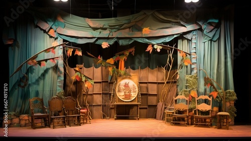 A puppet show stage set, with handmade puppets awaiting their next performance. photo
