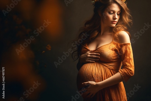Portrait photograph of a pregnant woman posing in her maternal outfit